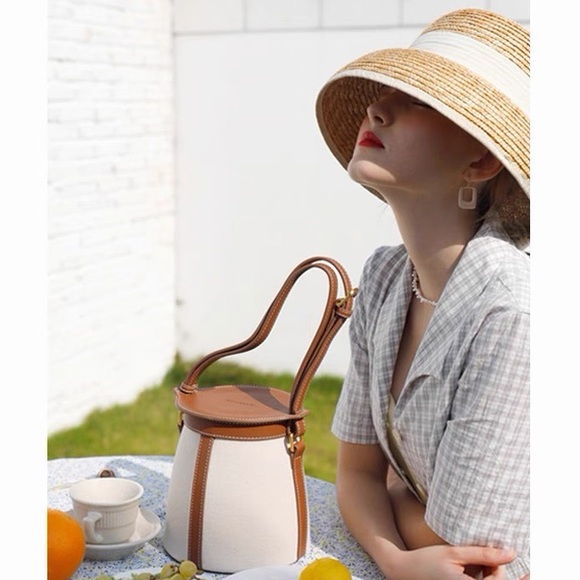 Canvas Leather Trim Bucket Bag Adjustable Shoulder‎ & Crossbody Bag Casual Bag - Picture 2 of 9